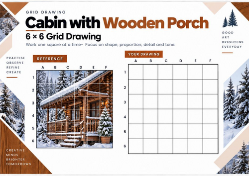 Cabin with Wooden Porch Grid Drawing Worksheet | Winter Architecture Art | KS3 & KS4