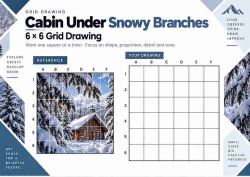 Cabin Under Snowy Branches Grid Drawing Worksheet | Winter Forest Art | KS3 & KS4
