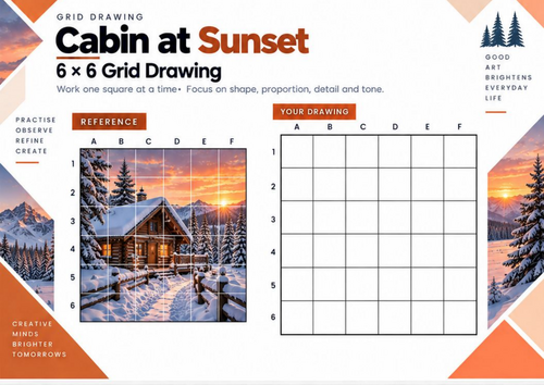 Cabin at Sunset Grid Drawing Worksheet | Winter Landscape & Tonal Art | KS3 & KS4