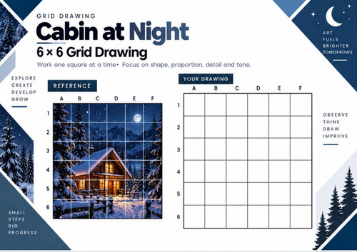 Cabin at Night Grid Drawing Worksheet | Winter Night Scene & Shading Art | KS3 & KS4
