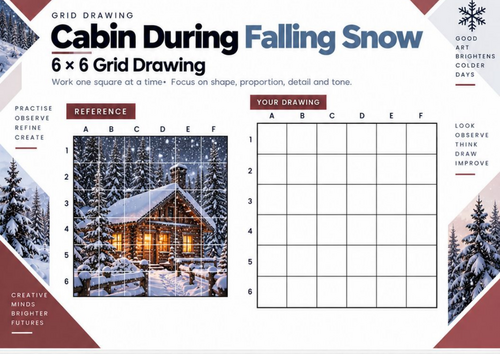 Cabin During Falling Snow Grid Drawing Worksheet | Winter Weather Art | KS3 & KS4