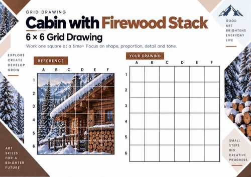 Cabin with Firewood Stack Grid Drawing Worksheet | Winter Texture Art | KS3 & KS4