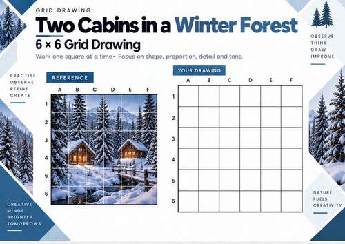 Two Cabins in a Winter Forest Grid Drawing Worksheet | Winter Landscape Art | KS3 & KS4