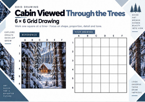 Cabin Viewed Through the Trees Grid Drawing Worksheet | Winter Forest Perspective | KS3 & KS4