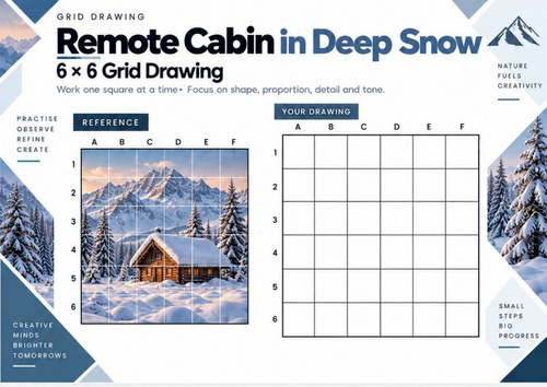 Remote Cabin in Deep Snow Grid Drawing Worksheet | Winter Mountain Landscape | KS3 & KS4