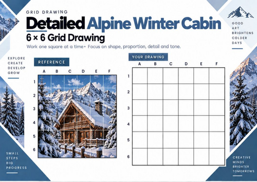 Detailed Alpine Winter Cabin Grid Drawing Worksheet | Winter Architecture Art | KS3 & KS4