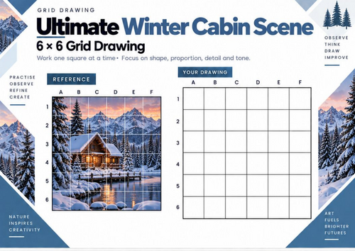 Ultimate Winter Cabin Scene Grid Drawing Worksheet | Challenging Winter Landscape Art | KS3 & KS4