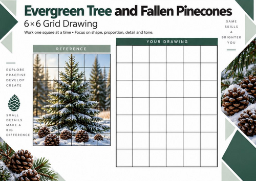 Evergreen Tree and Fallen Pinecones Grid Drawing Worksheet | Nature Art | KS3 KS4