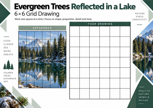 Evergreen Trees Reflected in a Lake Grid Drawing Worksheet | Landscape Art | KS3 KS4
