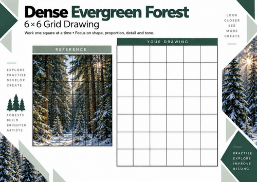 Dense Evergreen Forest Grid Drawing Worksheet | Woodland Landscape Art | KS3 KS4