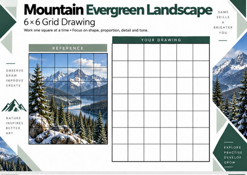 Mountain Evergreen Landscape Grid Drawing Worksheet | Nature Art | KS3 KS4