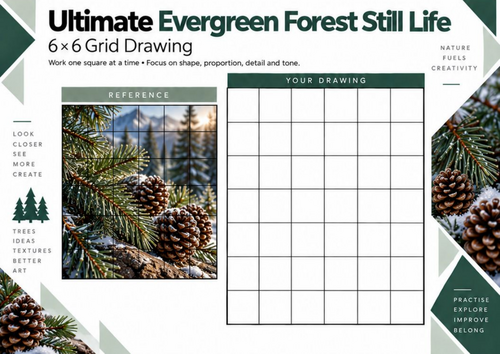 Ultimate Evergreen Forest Still Life Grid Drawing Worksheet | Botanical Art | KS3 KS4