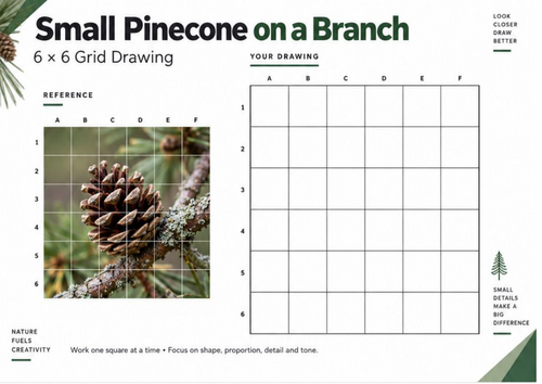 Small Pinecone on a Branch Grid Drawing Worksheet | Woodland Nature Art | KS3 KS4