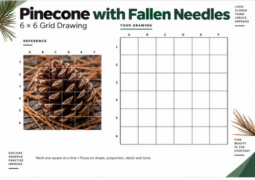 Pinecone with Fallen Needles Grid Drawing Worksheet | Woodland Texture Art | KS3 KS4