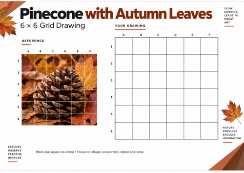 Pinecone with Autumn Leaves Grid Drawing Worksheet | Autumn Nature Art | KS3 KS4