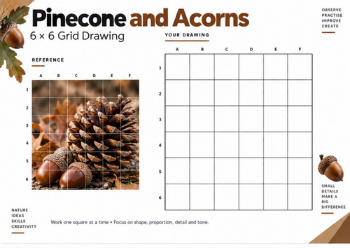 Pinecone and Acorns Grid Drawing Worksheet | Autumn Woodland Still Life | KS3 KS4
