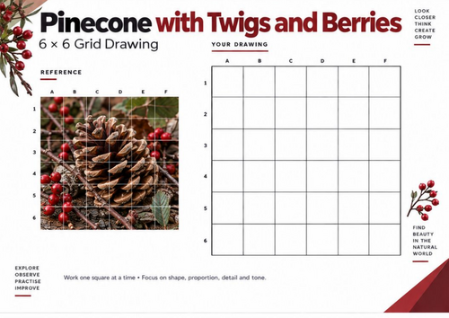 Pinecone with Twigs and Berries Grid Drawing Worksheet | Nature Art | KS3 KS4 GCSE