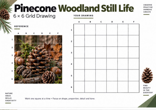 Pinecone Woodland Still Life Grid Drawing Worksheet | Nature Drawing | KS3 KS4 GCSE