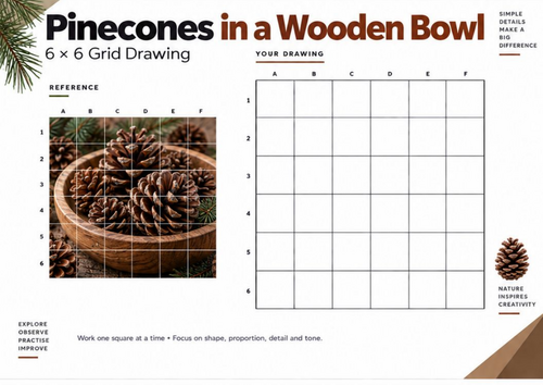 Pinecones in a Wooden Bowl Grid Drawing Worksheet | Nature Still Life | KS3 KS4 Art