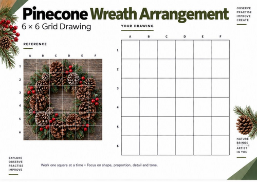 Pinecone Wreath Arrangement Grid Drawing Worksheet | Winter Christmas Art | KS3 KS4