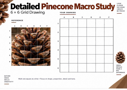 Detailed Pinecone Macro Study Grid Drawing Worksheet | Texture & Shading | GCSE Art