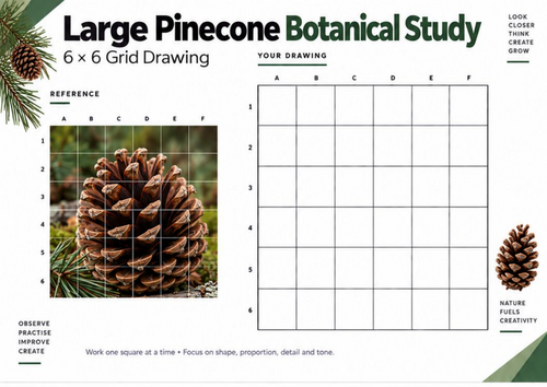 Large Pinecone Botanical Study Grid Drawing Worksheet | Nature Observational Art | KS3 KS4 GCSE