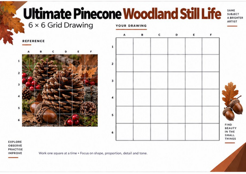Ultimate Pinecone Woodland Still Life Grid Drawing Worksheet | Autumn Nature Art | KS3 KS4 GCSE