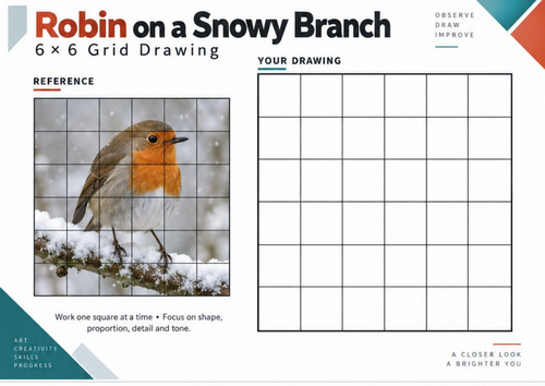 Robin on a Snowy Branch Grid Drawing Worksheet | Winter Birds Art | KS3 & KS4
