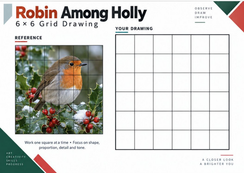 Robin Among Holly Grid Drawing Worksheet | Winter Wildlife Art Activity | KS3 KS4