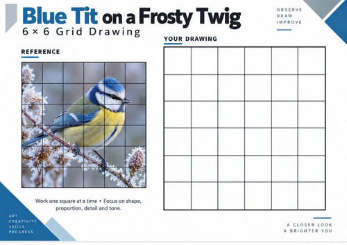 Blue Tit on a Frosty Twig Grid Drawing Worksheet | Winter Bird Art | KS3 KS4