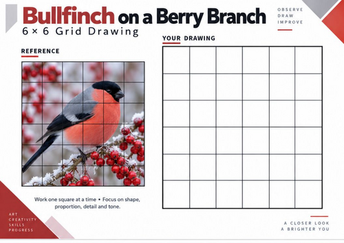 Bullfinch on a Berry Branch Grid Drawing Worksheet | Winter Birds Art | KS3 KS4