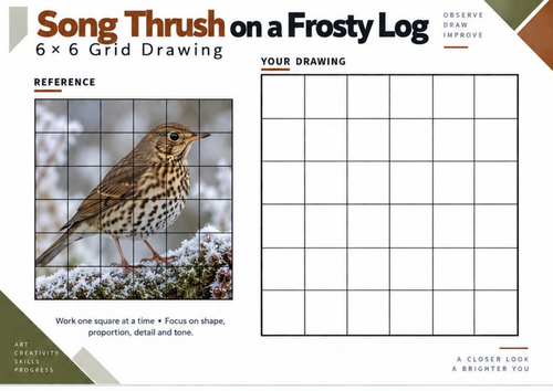 Song Thrush on a Frosty Log Grid Drawing Worksheet | Winter Bird Art | KS3 KS4