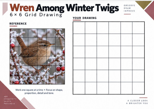 Wren Among Winter Twigs Grid Drawing Worksheet | Winter Wildlife Art | KS3 KS4