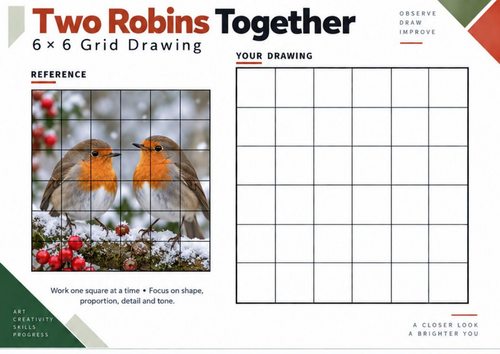 Two Robins Together Grid Drawing Worksheet | Winter Birds Art Activity | KS3 KS4