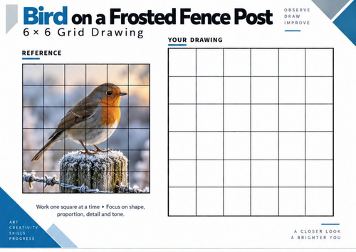 Bird on a Frosted Fence Post Grid Drawing Worksheet | Winter Birds Art | KS3 KS4