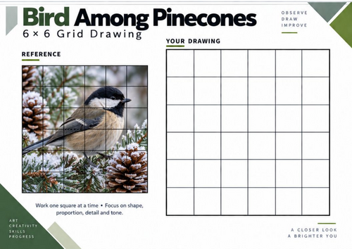 Bird Among Pinecones Grid Drawing Worksheet | Winter Wildlife Art Activity | KS3 KS4