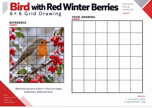 Bird with Red Winter Berries Grid Drawing Worksheet | Winter Wildlife Art | KS3 KS4