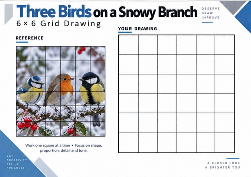 Three Birds on a Snowy Branch Grid Drawing Worksheet | Winter Wildlife | KS3 KS4 Art