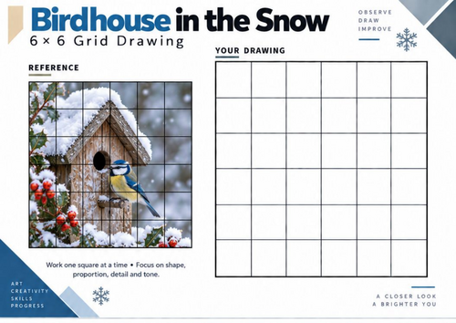 Birdhouse in the Snow Grid Drawing Worksheet | Winter Wildlife Art Activity | KS3 KS4