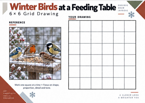 Winter Birds at a Feeding Table Grid Drawing Worksheet | Wildlife Art | KS3 KS4