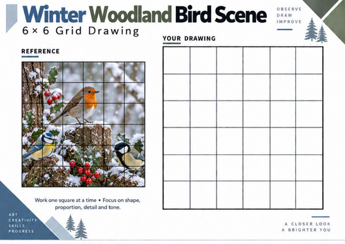 Winter Woodland Bird Scene Grid Drawing Worksheet | Winter Wildlife Art | KS3 KS4