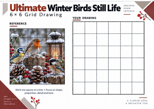 Ultimate Winter Birds Still Life Grid Drawing Worksheet | Winter Wildlife Art | KS3 KS4