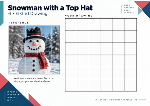 Snowman with a Top Hat Grid Drawing Worksheet | Christmas Art | KS3 KS4