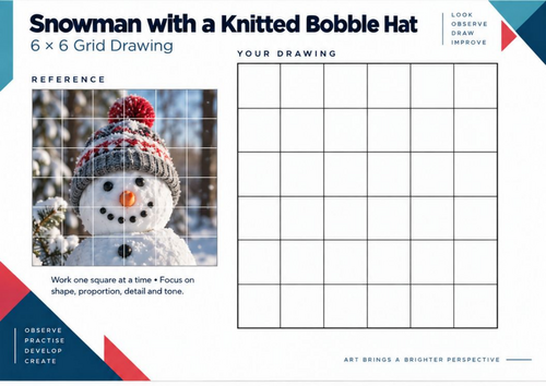 Snowman Knitted Bobble Hat Grid Drawing Worksheet | Winter Art | KS3 KS4
