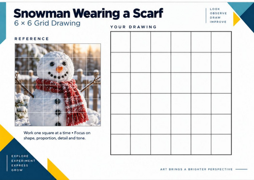 Snowman Wearing a Scarf Grid Drawing Worksheet | Christmas Art | KS3 KS4
