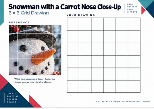Snowman Carrot Nose Close-Up Grid Drawing Worksheet | Christmas Art | KS3 KS4