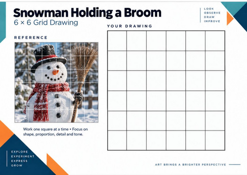 Snowman Holding a Broom Grid Drawing Worksheet | Christmas Winter Art | KS3 KS4