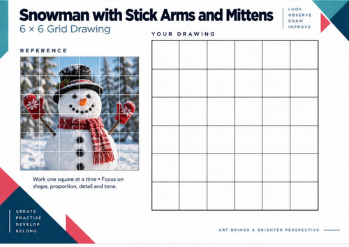 Snowman with Stick Arms and Mittens Grid Drawing Worksheet | Christmas Art
