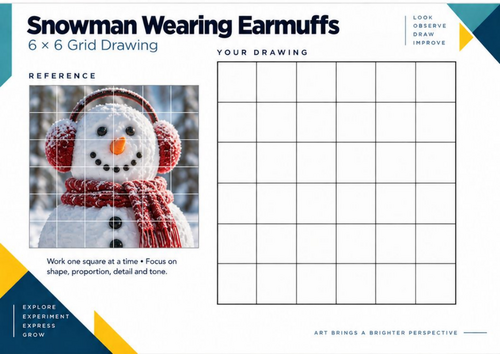 Snowman Wearing Earmuffs Grid Drawing Worksheet | Winter Christmas Art | KS3 KS4
