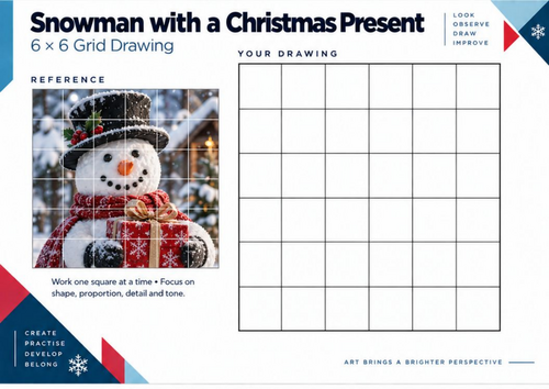Snowman with Christmas Present Grid Drawing Worksheet | Festive Art | KS3 KS4